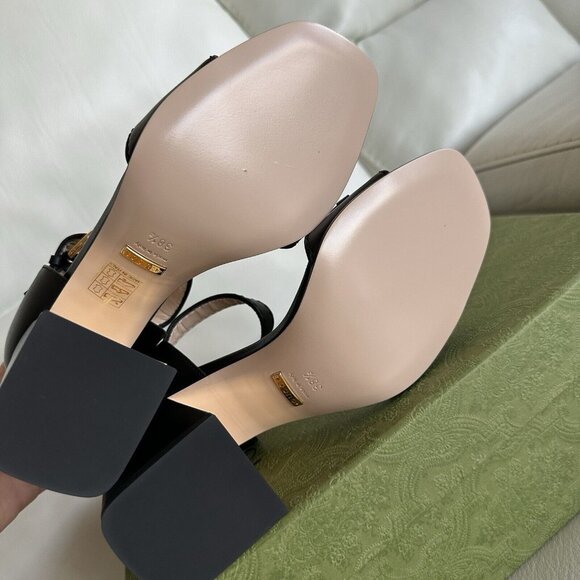 NEW GUCCI JUMBO HEELS HORSEBIT BLACK LEATHER GOLD SZ 38.5 Sandals Shoes - Picture 7 of 13